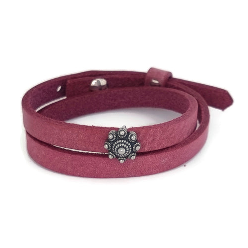 Zeeuwse knop armband leer dubbel - Rubine roze MYKK Jewelry