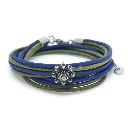 RVS Zeeuwse knop armband dubbel - Mos groen en antiek blauw