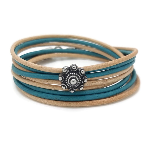 RVS Zeeuwse knop armband dubbel - Lichtbruin en turquoise leer MYKK Jewelry