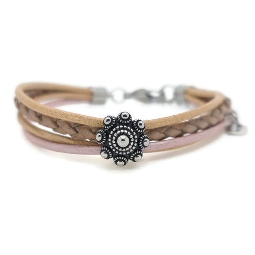 RVS Zeeuwse knop armband - Metallic roze en bruin leer MYKK Jewelry