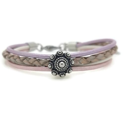 Zeeuwse knop armband - Lila, roze en bruin leer MYKK Jewelry