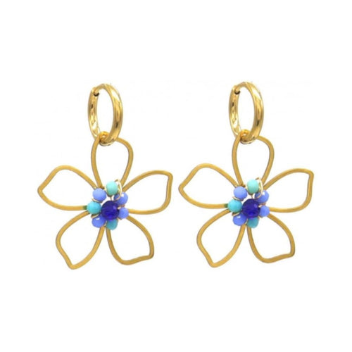Oorbellen RVS - Glaskralen bloemen blauw MYKK Jewelry