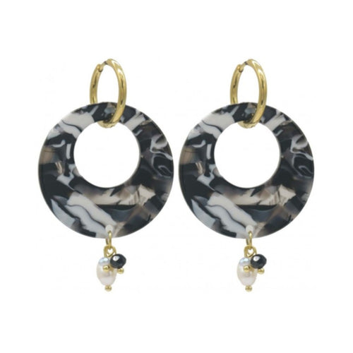 Oorbellen RVS - Resin ronde hanger zwart wit MYKK Jewelry