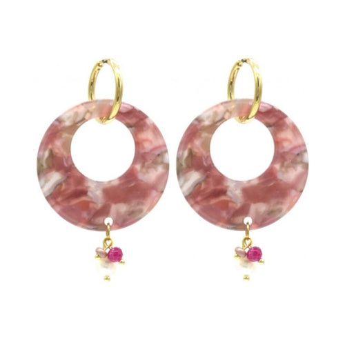 Oorbellen RVS - Resin ronde hanger roze MYKK Jewelry