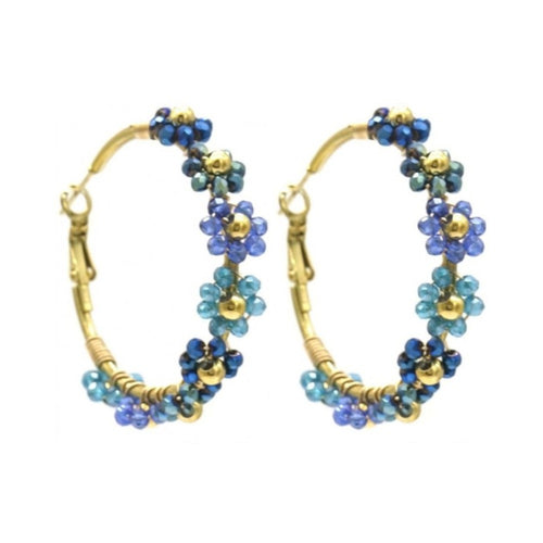 Oorbellen RVS - Glaskralen bloem blauw MYKK Jewelry