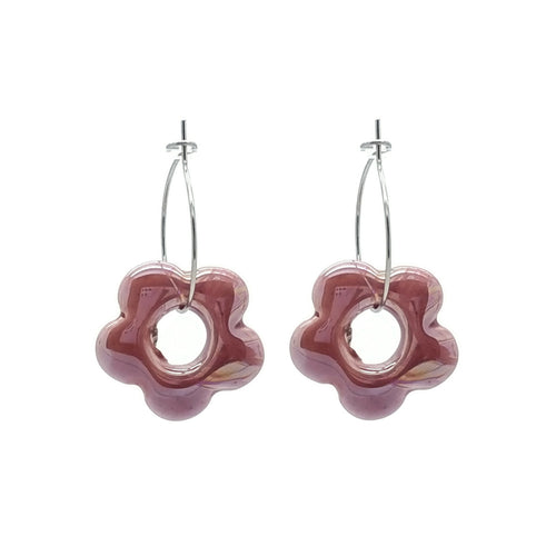 Oorbellen RVS zilver - Bloem keramiek roze MYKK Jewelry