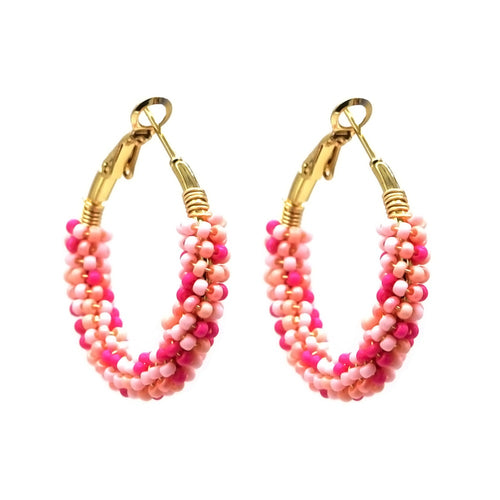 Oorbellen RVS - Rond multi glaskralen roze MYKK Jewelry