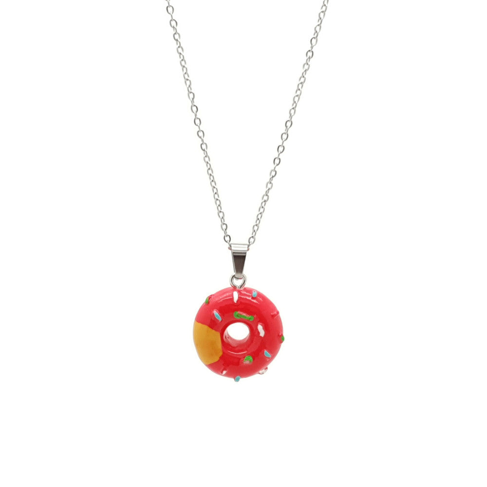 Kinderketting RVS zilverkleur - Donut donker roze