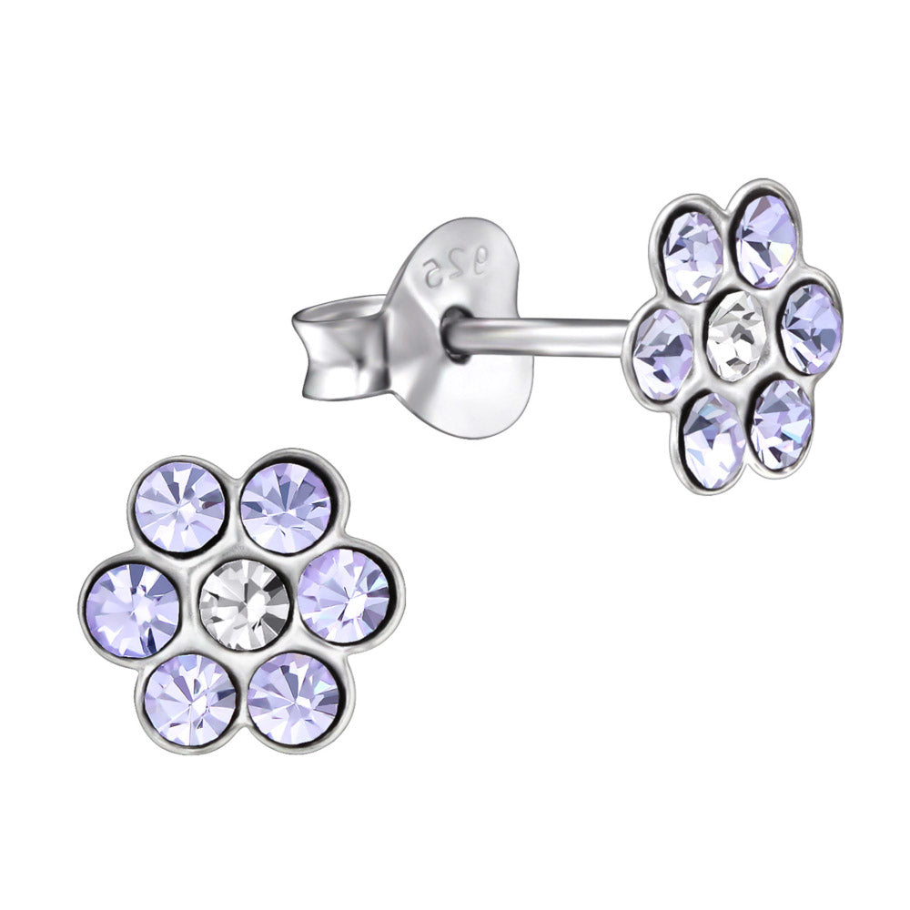 MYKK Jewelry | Kinder sieraden Zilveren kinderoorbellen - Bloem lila strass
