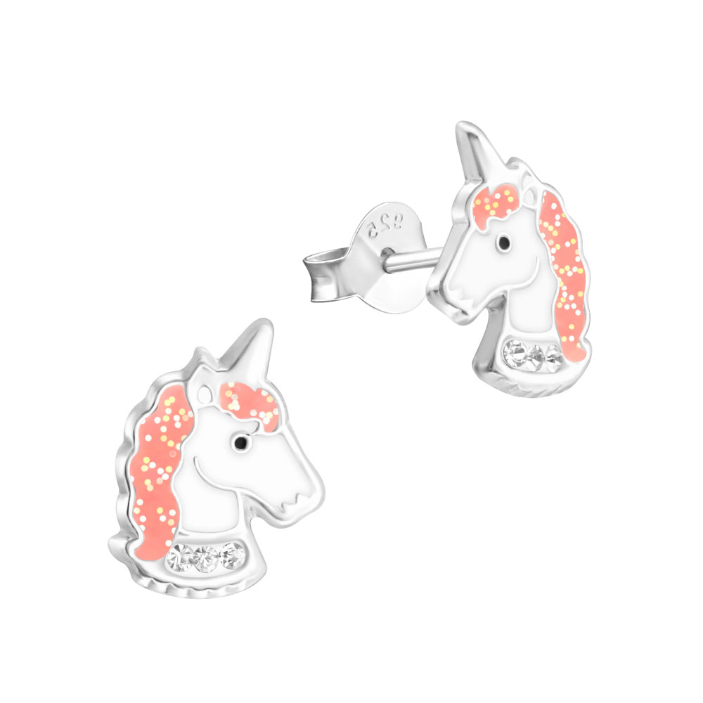 MYKK Jewelry | Kinder sieraden Zilveren kinderoorbellen - Unicorn wit strass