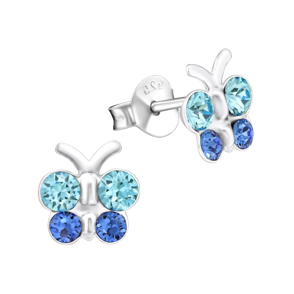 MYKK Jewelry | Kinder sieraden Zilveren kinderoorbellen - Vlinder blauw strass