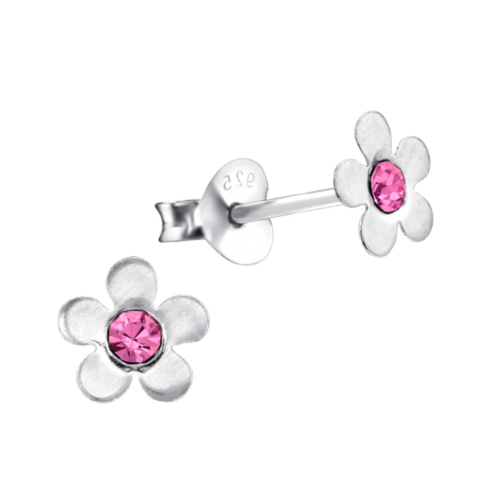 MYKK Jewelry | Kinder sieraden Zilveren kinderoorbellen - Bloem zilver roze