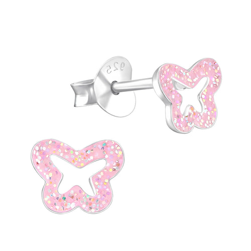 Zilveren kinderoorbellen - Vlinder roze glitter MYKK Jewelry