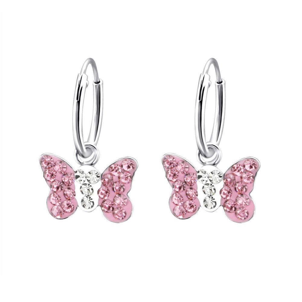 MYKK Jewelry | Kinder sieraden Zilveren kinderoorbellen - Vlinder creolen roze strass