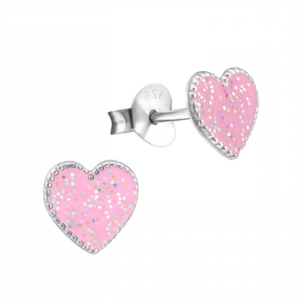 MYKK Jewelry | Kinder sieraden Zilveren kinderoorbellen - Hart roze glitters