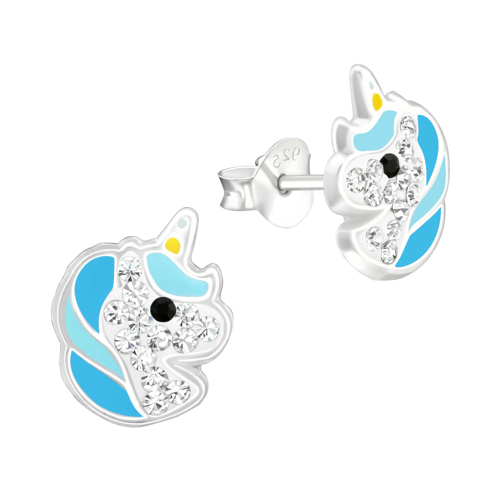 MYKK Jewelry | Kinder sieraden Zilveren kinderoorbellen - Unicorn blauw strass