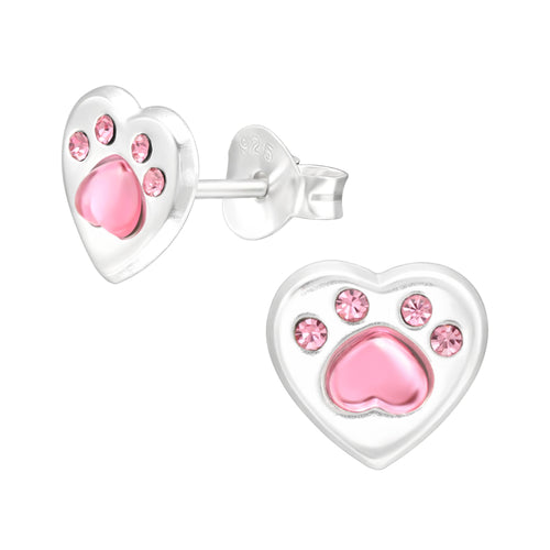 Zilveren kinderoorbellen - Hart met dierenpootje roze | MYKK Jewelry