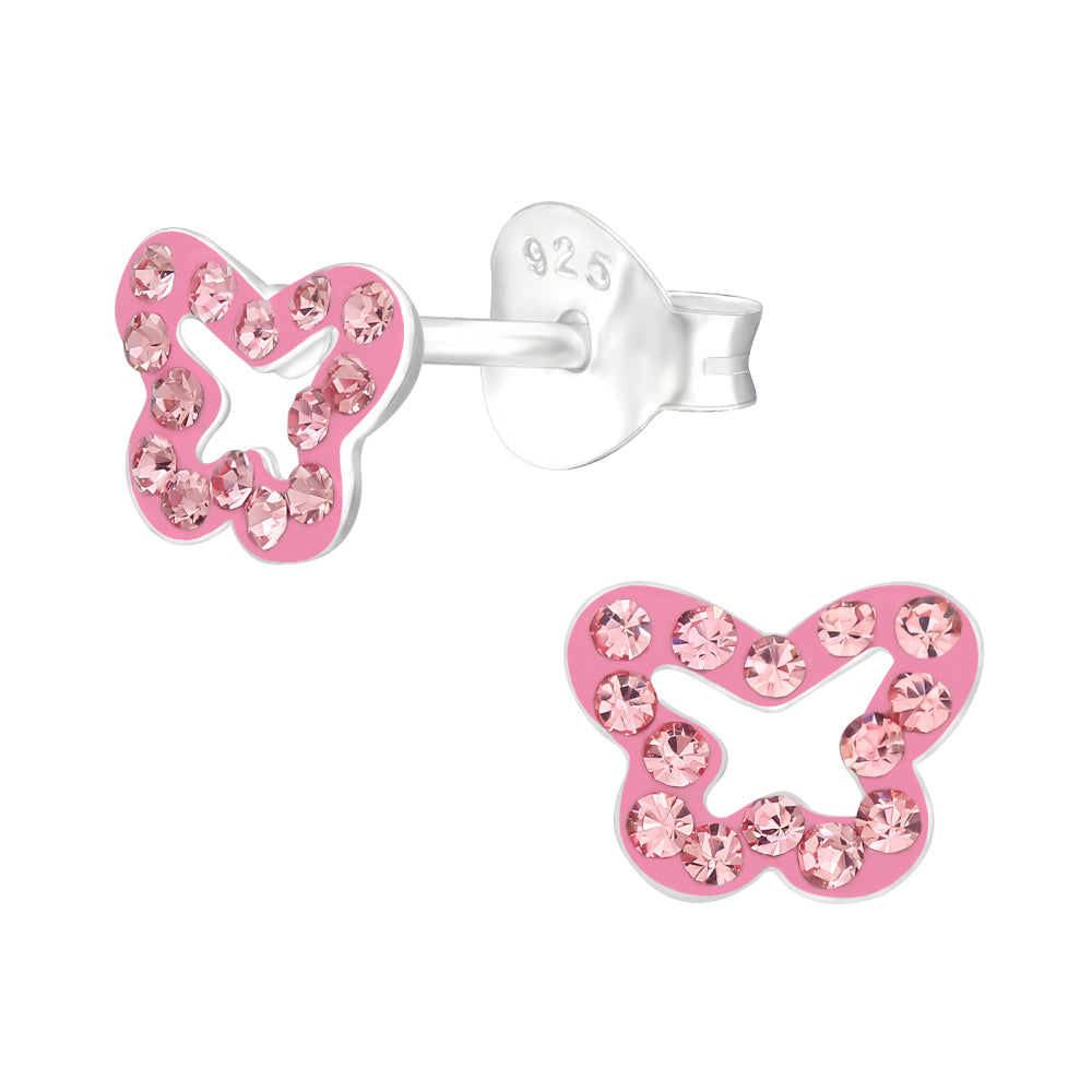 Zilveren kinderoorbellen - Vlindertje roze strass MYKK Jewelry