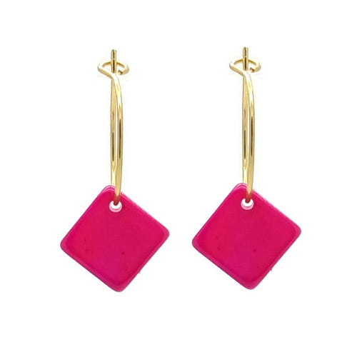 Oorbellen RVS goud - Schelp vierkant fuchsia MYKK Jewelry