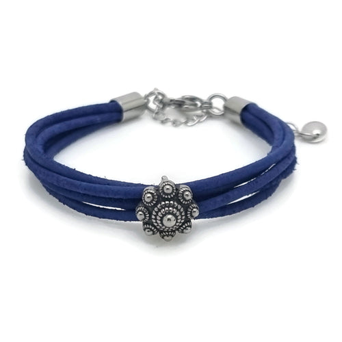 RVS Zeeuwse knop armband - Antiek blauw leer MYKK Jewelry