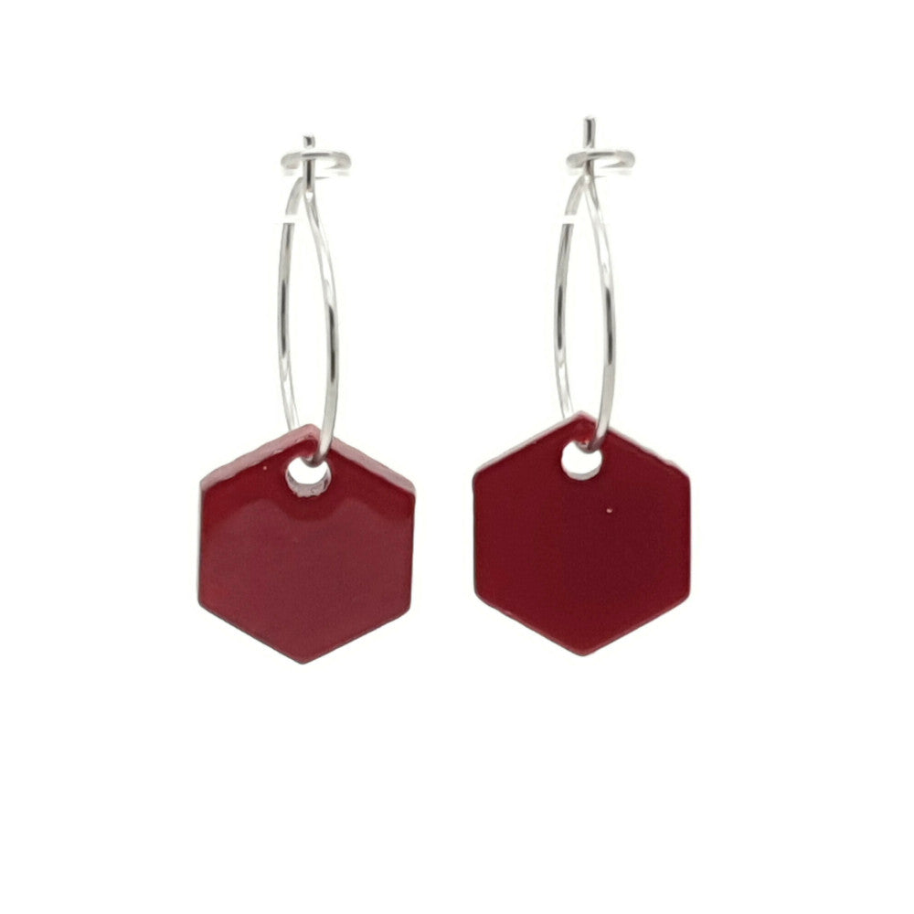 MYKK Jewelry | Oorbellen RVS - Hexagon kersen rood zilver