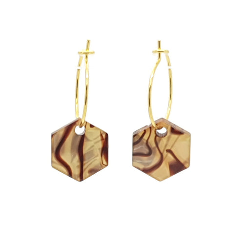 MYKK Jewelry |Oorbellen RVS - Hexagon beige parel goud