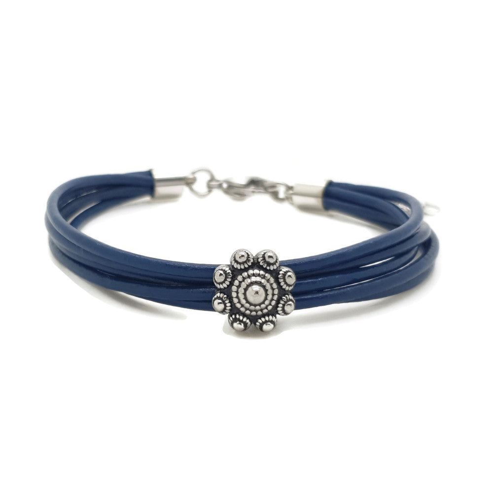 MYKK Jewelry | RVS Zeeuwse knop armband - Blauw leer