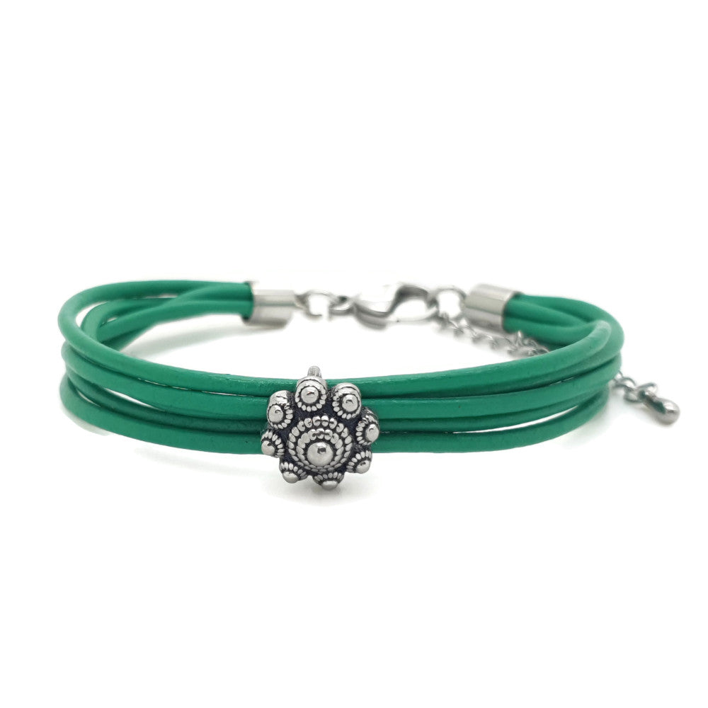 MYKK Jewelry | RVS Zeeuwse knop armband - Groen leer