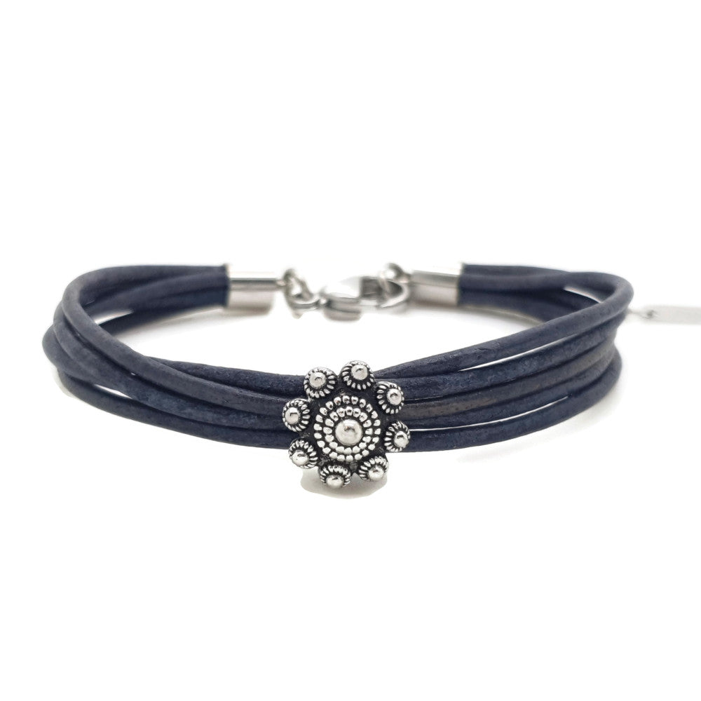 MYKK Jewelry | RVS Zeeuwse knop armband - Vintage blauw leer