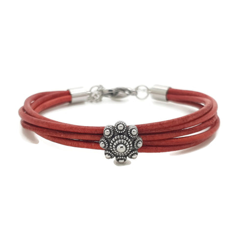MYKK Jewelry | RVS Zeeuwse knop armband - Vintage rood leer