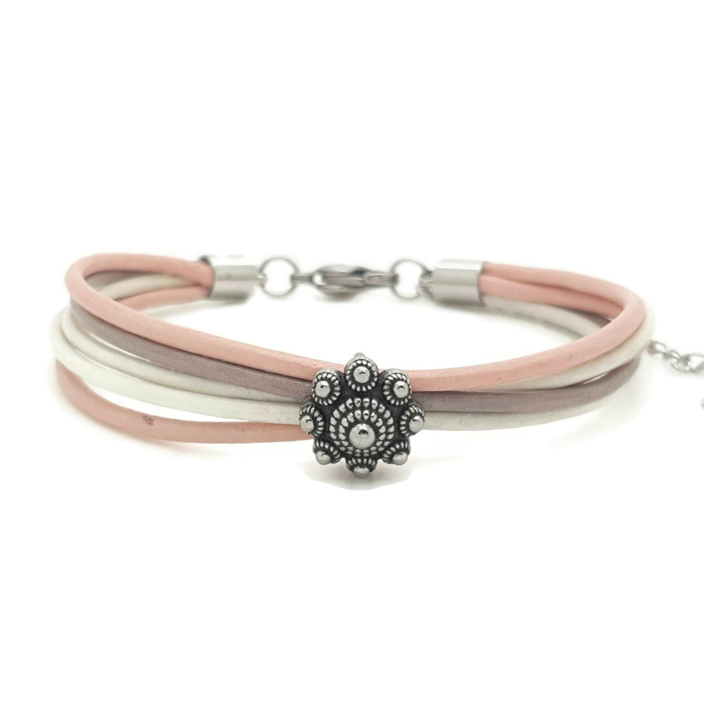 MYKK Jewelry | RVS Zeeuwse knop armband - Taupe, roze en wit leer