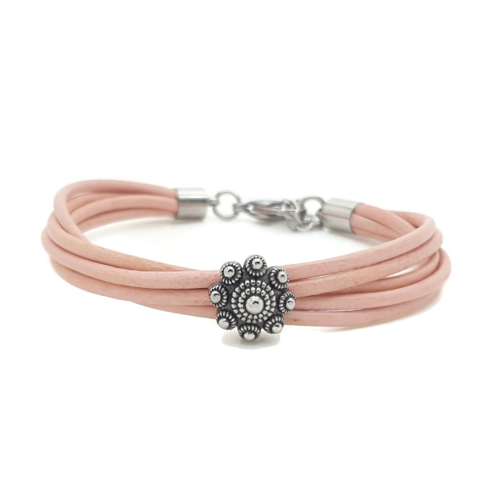 MYKK Jewelry | RVS Zeeuwse knop armband - Roze leer