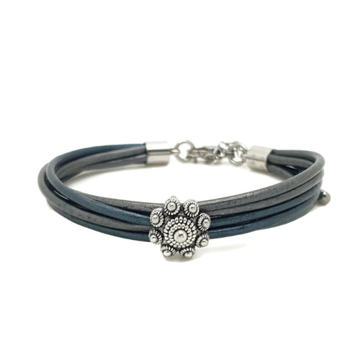 RVS Zeeuwse knop armband - Grijs en blauw metallic leer MYKK Jewelry