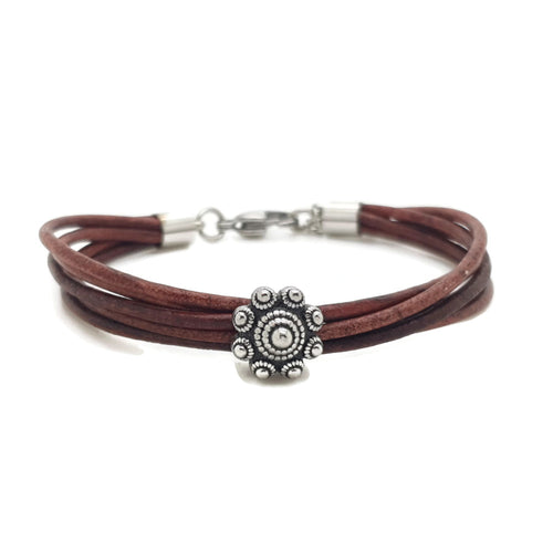 MYKK Jewelry | RVS Zeeuwse knop armband - Donker cognac leer
