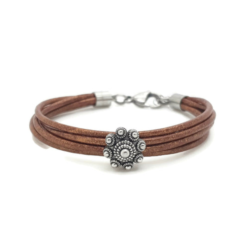 MYKK Jewelry | RVS Zeeuwse knop armband - Koper metallic leer