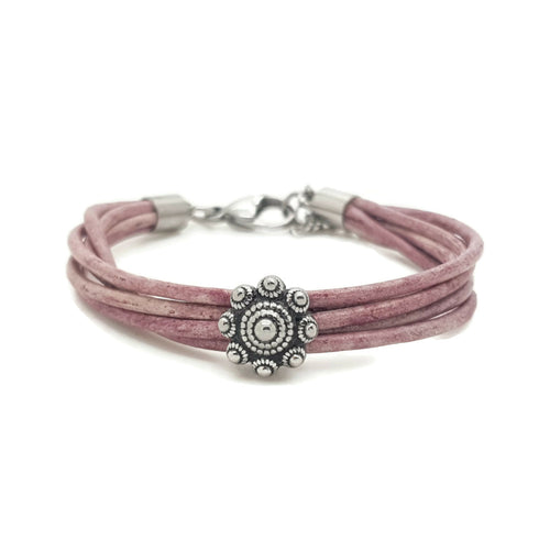 MYKK Jewelry | RVS Zeeuwse knop armband - Paars bewerkt leer