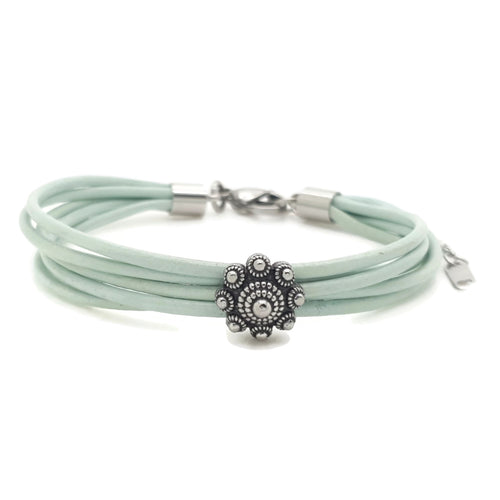 MYKK Jewelry | RVS Zeeuwse knop armband - Mint groen leer