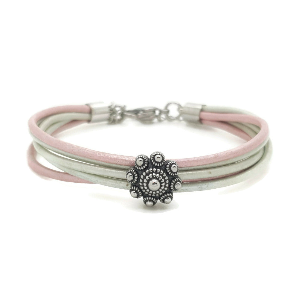 MYKK Jewelry | RVS Zeeuwse knop armband - Mint groen en roze metallic leer