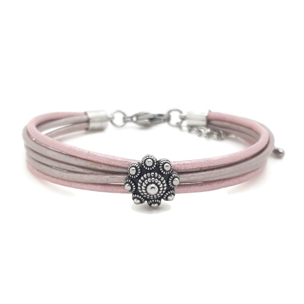 MYKK Jewelry | RVS Zeeuwse knop armband - Roze en taupe metallic leer
