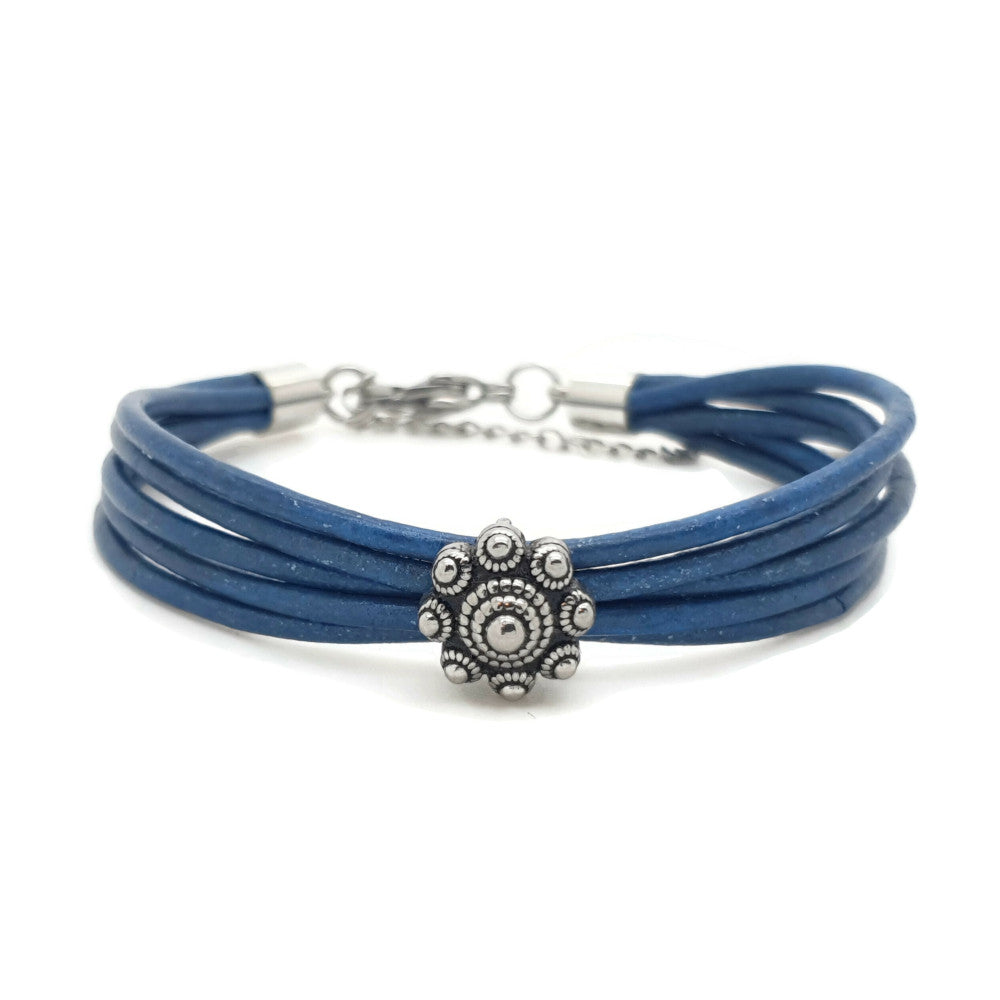 MYKK Jewelry | RVS Zeeuwse knop armband - Zee blauw leer