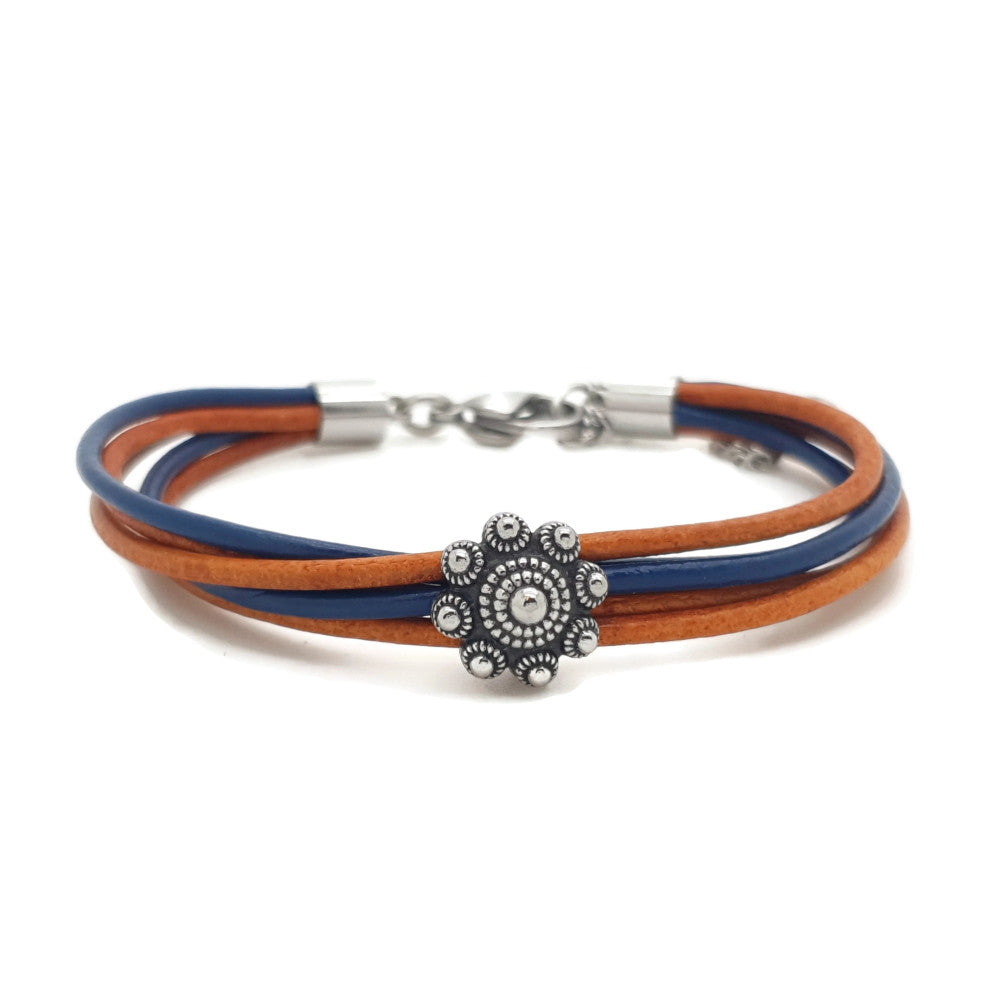 MYKK Jewelry | RVS Zeeuwse knop armband - Zee blauw en vintage oranje leer
