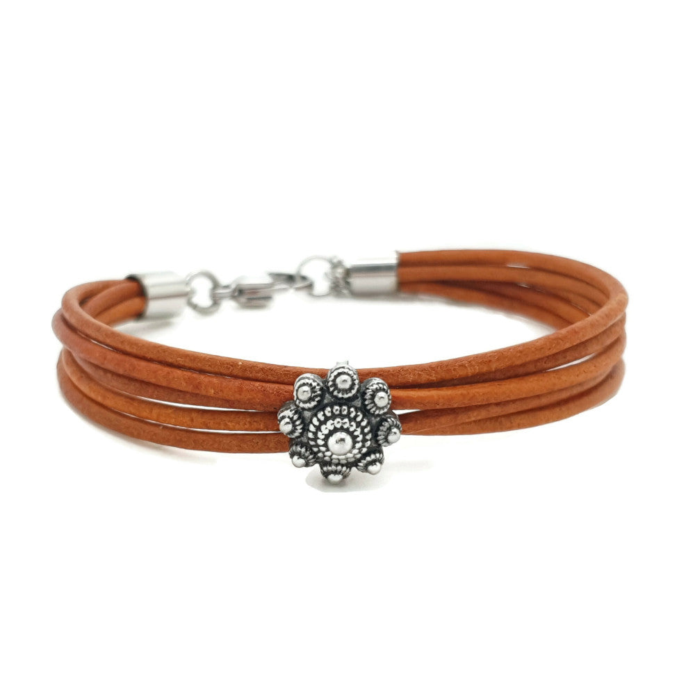 MYKK Jewelry | RVS Zeeuwse knop armband - Vintage oranje leer