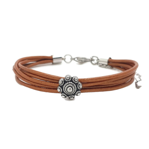 MYKK Jewelry | RVS Zeeuwse knop armband - Oranje metallic leer