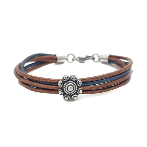 MYKK Jewelry | RVS Zeeuwse knop armband - Koper en blauw metallic leer