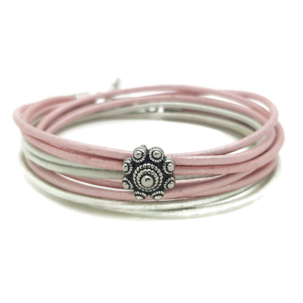 MYKK Jewelry | Sieraden RVS Zeeuwse knop armband dubbel - Mint en roze metallic leer