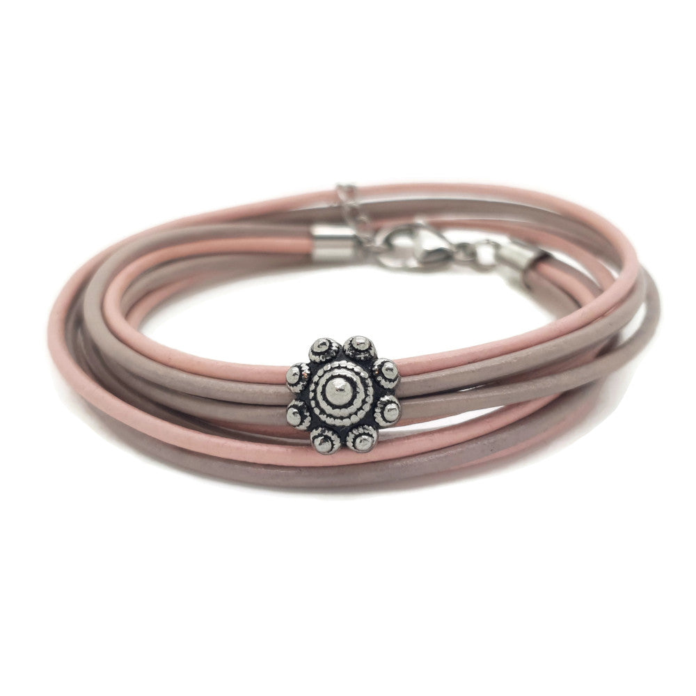 MYKK Jewelry | Sieraden RVS Zeeuwse knop armband dubbel - Taupe en roze leer