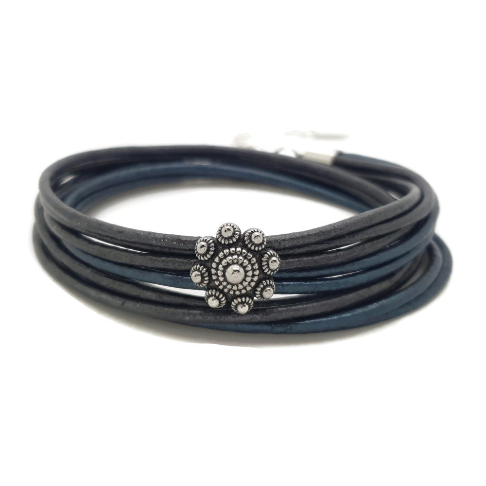 RVS Zeeuwse knop armband dubbel - Blauw en grijs metallic leer MYKK Jewelry