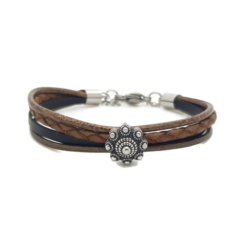 MYKK Jewelry | RVS Zeeuwse knop armband - Bruin en zwart leer