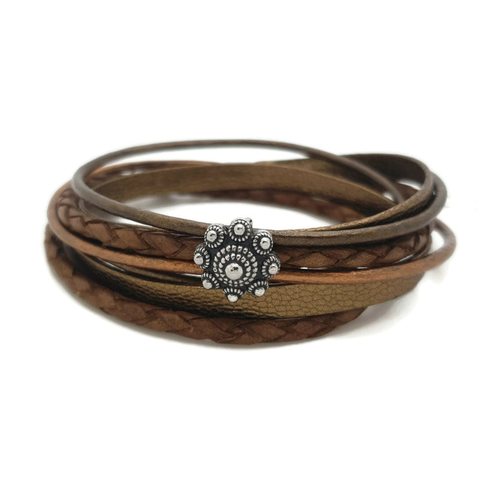 MYKK Jewelry | Sieraden RVS Zeeuwse knop armband dubbel- Bruin en koper leer