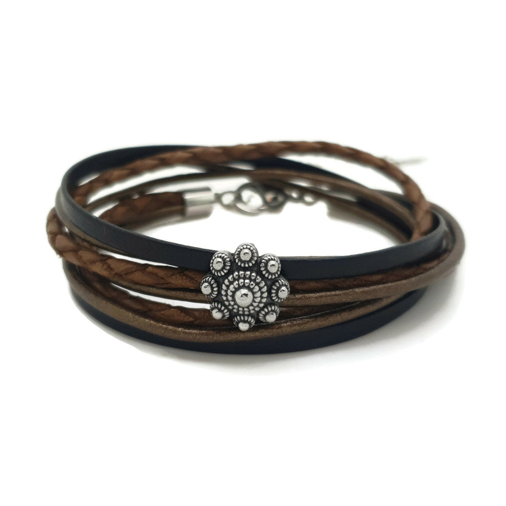 MYKK Jewelry | Sieraden RVS Zeeuwse knop armband dubbel - Bruin en zwart leer